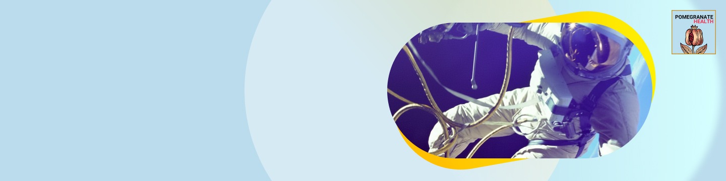 Illustration of an astronaut in a spacesuit floating in space, surrounded by cables, framed within an abstract rounded yellow shape on a light blue background. A small Pomegranate Health logo appears in the top right corner.