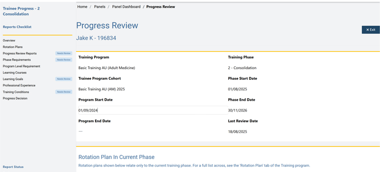 Progress Review page