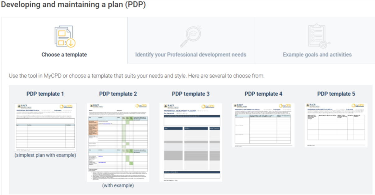 Screenshot of MyCPD portal on how to choose a template for developing and maintaining a plan (PDP).