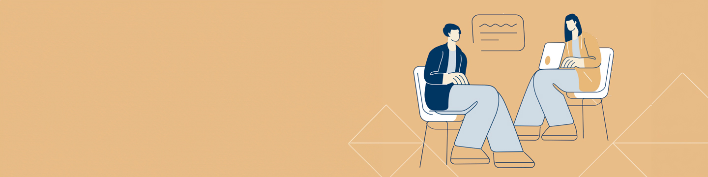 An illustration of two people sitting on chairs facing each other. One person is holding a laptop, and the other has a notebook. The background is light brown with geometric shapes in white.