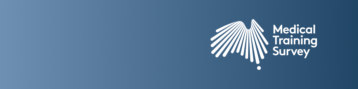 Blue gradient background with a white abstract logo made of converging lines forming the shape of Australia, positioned next to the text 'Medical Training Survey'