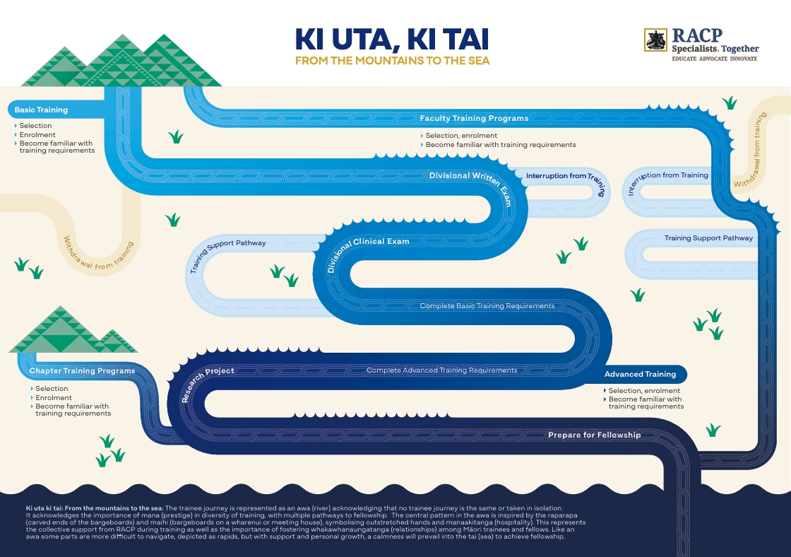 Journey map showing key stages, support services, and milestones for Māori trainees entering the college.